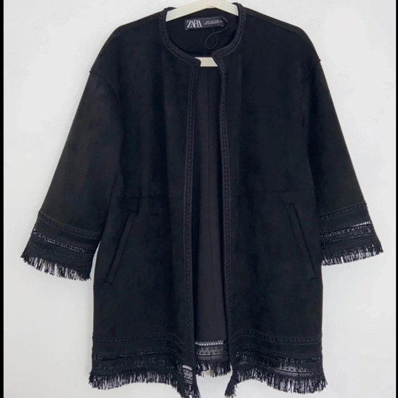 Zara suede fringe boho oversized kimono black whimsygoth size S - Picture 1 of 9